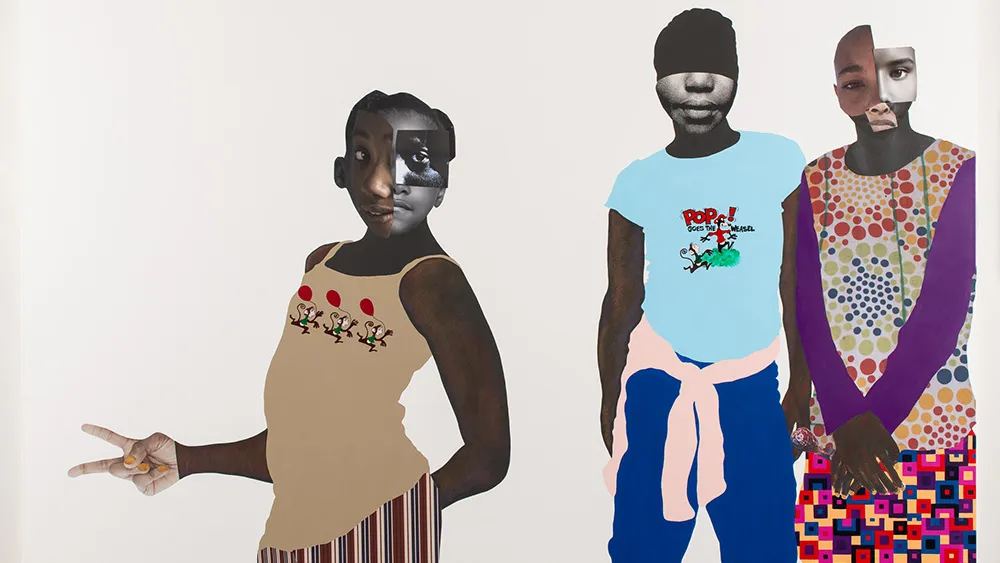 Deborah Roberts, “The duty of disobedience,” 2020. Mixed media collage on canvas. Image courtesy the California African American Museum.