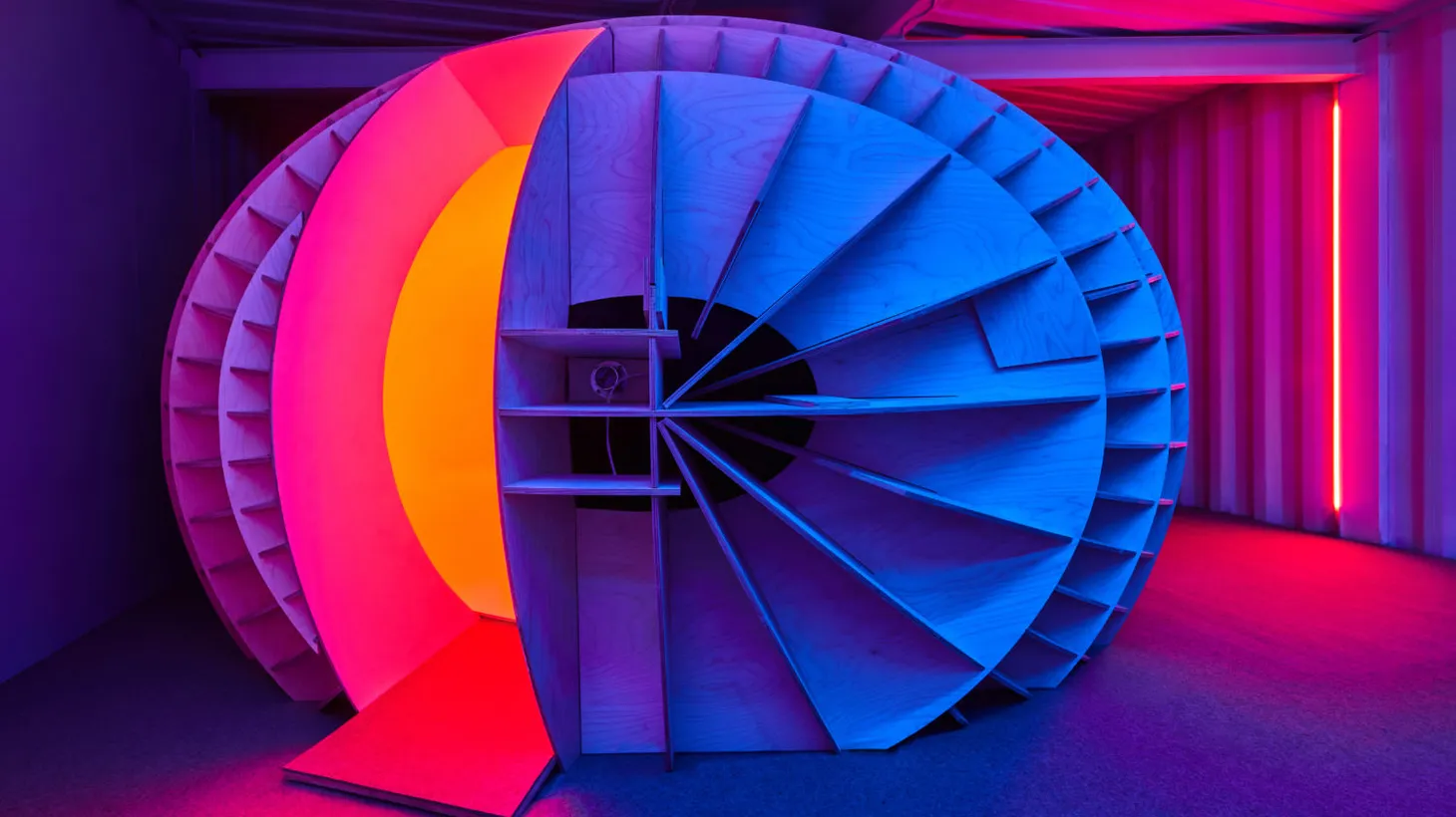 “Satellite One,” an art installation by Chromasonic in Venice, allows participants to hear sound and see color inside this pod.