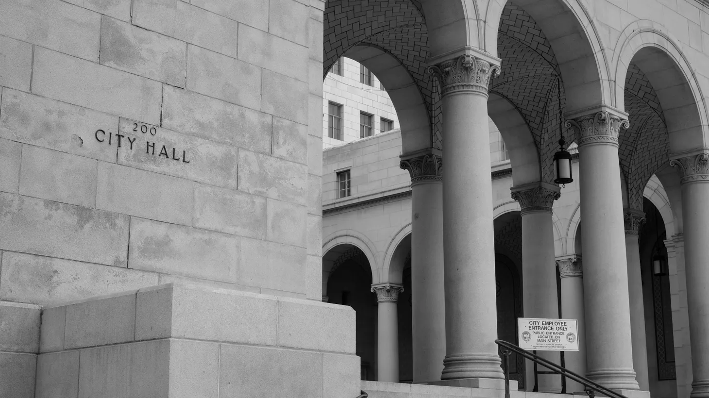 The employee entrance to LA City Hall is seen on October 14, 2022. “We have to work together and find where we can move forward on common ground for the best interests of all 4 million people of Los Angeles. The days when we can think that we represent a certain faction or a certain group or one narrow issue or concern are over,” says LA City Council President Paul Krekorian.