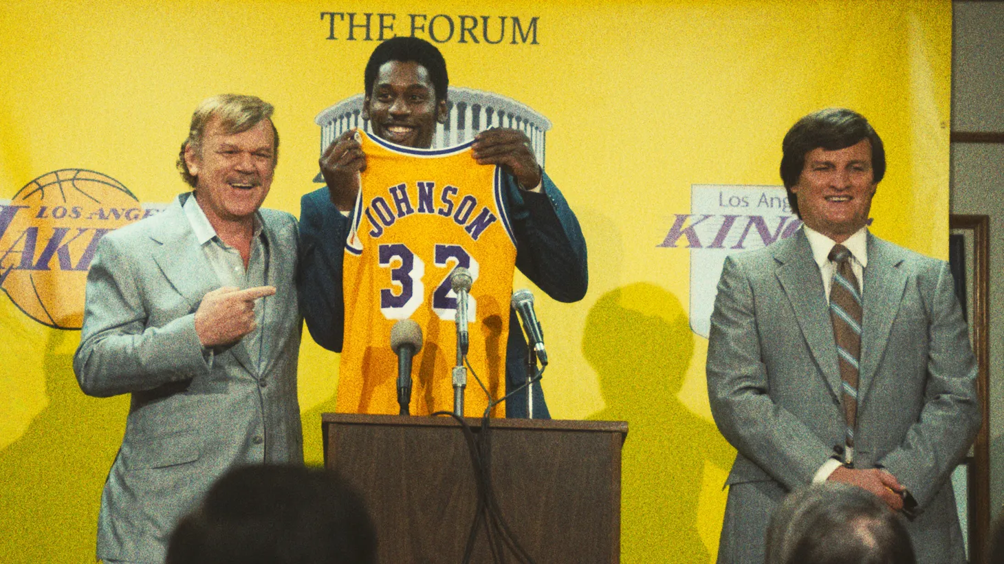 HBO’s “Winning Time” includes longtime actors like John C. Reilly (left), who plays LA Lakers owner Jerry Buss, and new talent like Quincy Isaiah (center), who plays Ervin “Magic” Johnson.