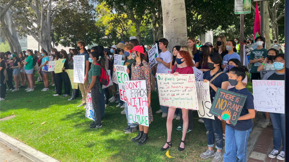 Students participate in the 2022 Global Climate Strike on March 25 at Los Angeles City Hall.