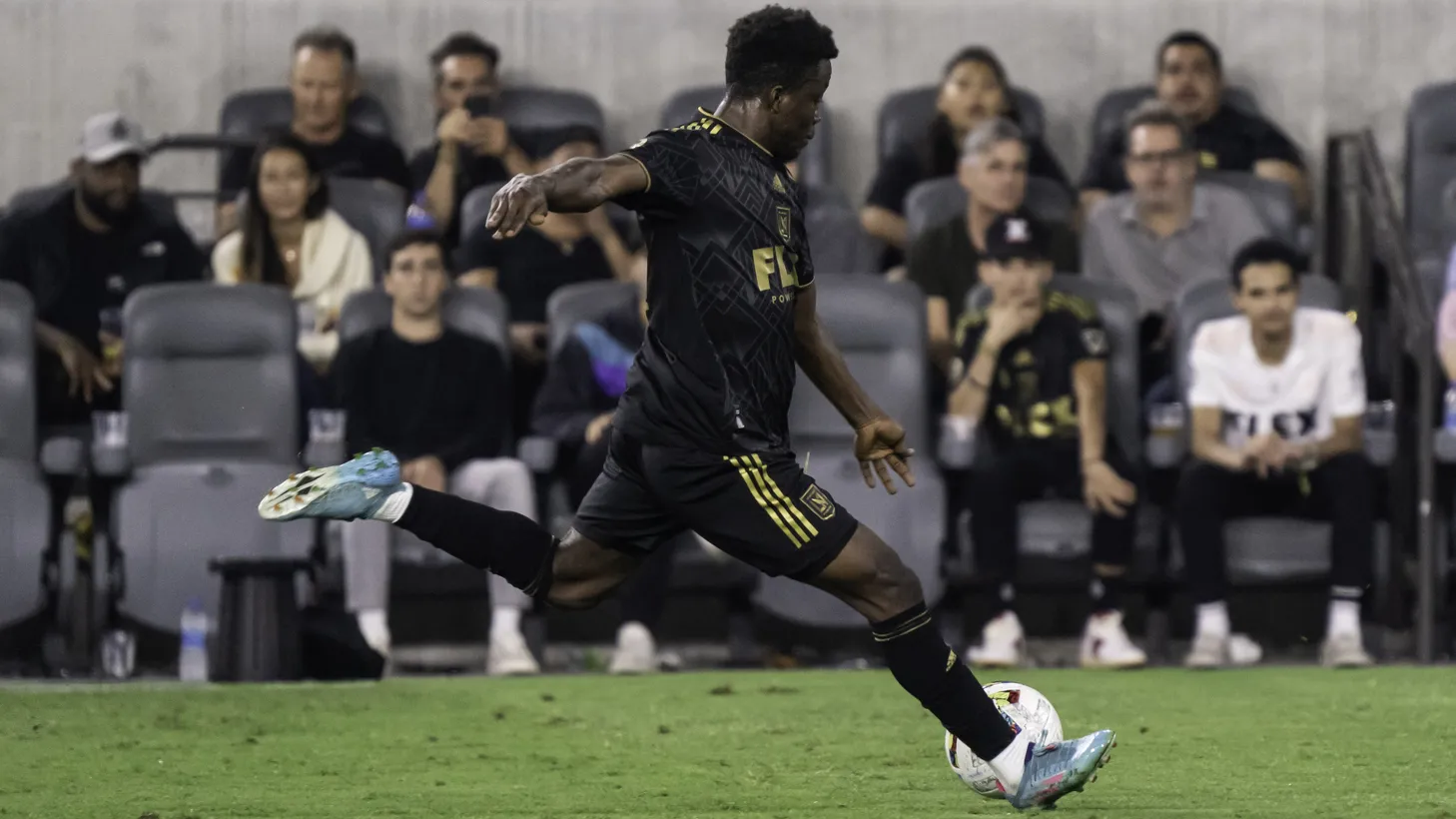 LAFC forward Kwadwo Opoku (22) scores a goal during a MLS match against the FC Dallas, June 29, 2022, at the Banc of California Stadium in Los Angeles, CA. LAFC defeated FC Dallas 3-1.