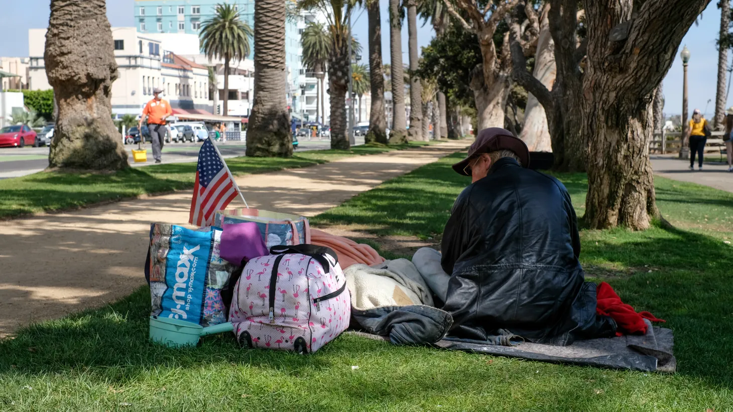 A homeless person sits in Palisades Park, Santa Monica, California, July 25, 2022. “The first thing this new mayor is going to have to do is level with people that however good their ideas are, they cannot do this [fix the homelessness crisis] by themselves. There's just too much overlap between the city and county on this issue. And I hope they address that sooner rather than later,” says Raphe Sonenshein, executive director of the Pat Brown Institute for Public Affairs at Cal State LA.