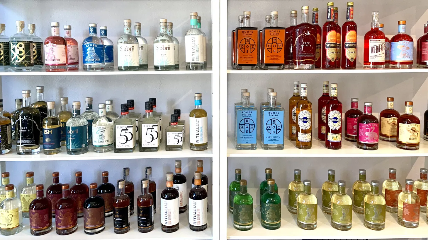 Lots of bottles, no booze. Non-alcoholic bottle shop Soft Spirits in Silver Lake offers a variety of distilled liquors that are ethanol-free.
