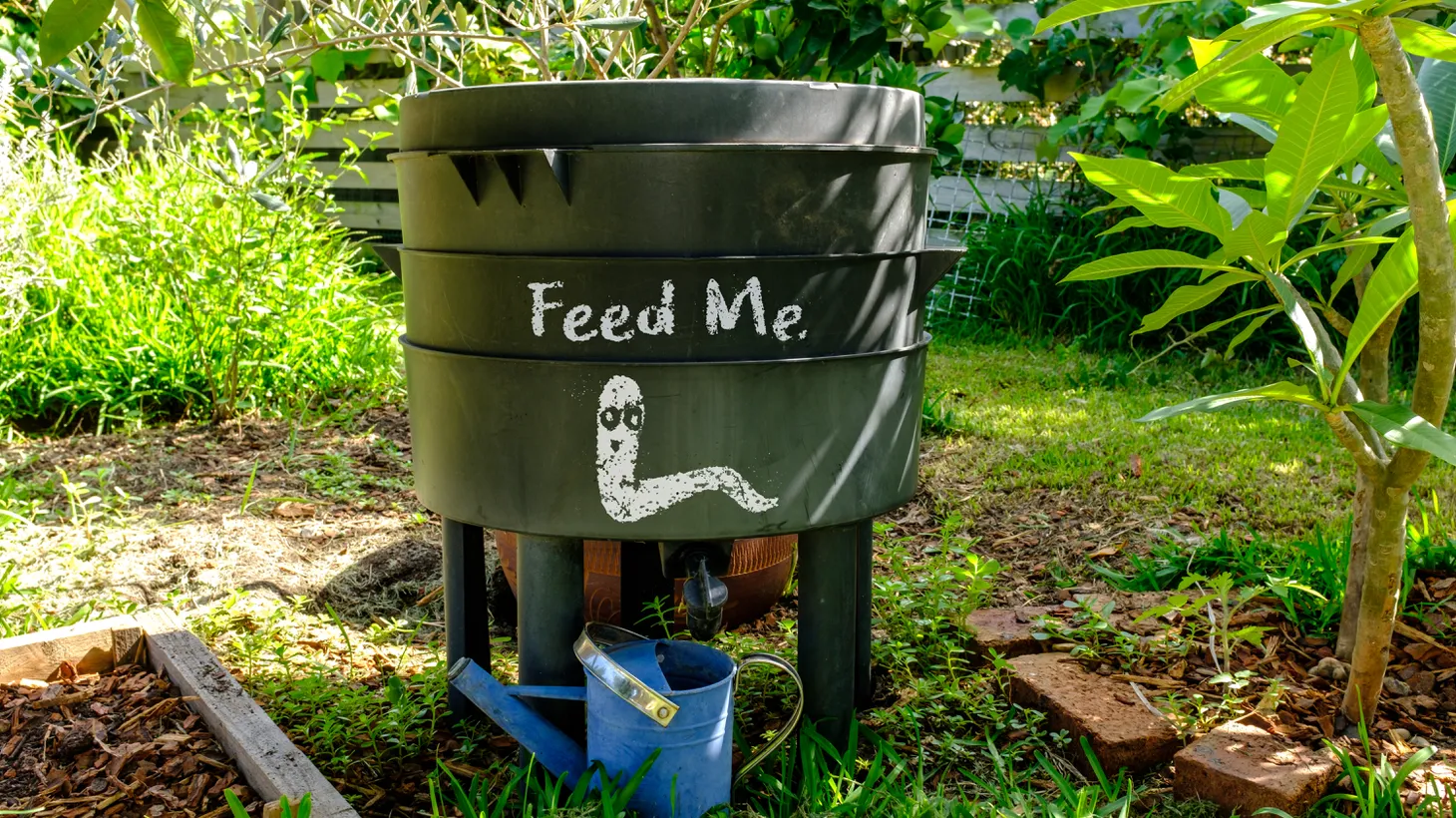 A compost bin features an illustration of a worm on it, with the words “feed me.” You can buy worms at Will’s Worms in Studio City, McCrawl’s Red Worms in Cypress, and Jewlz Grimy Ground Grubbers in Oceanside, recommends LA Times writer Jeanette Marantos.
