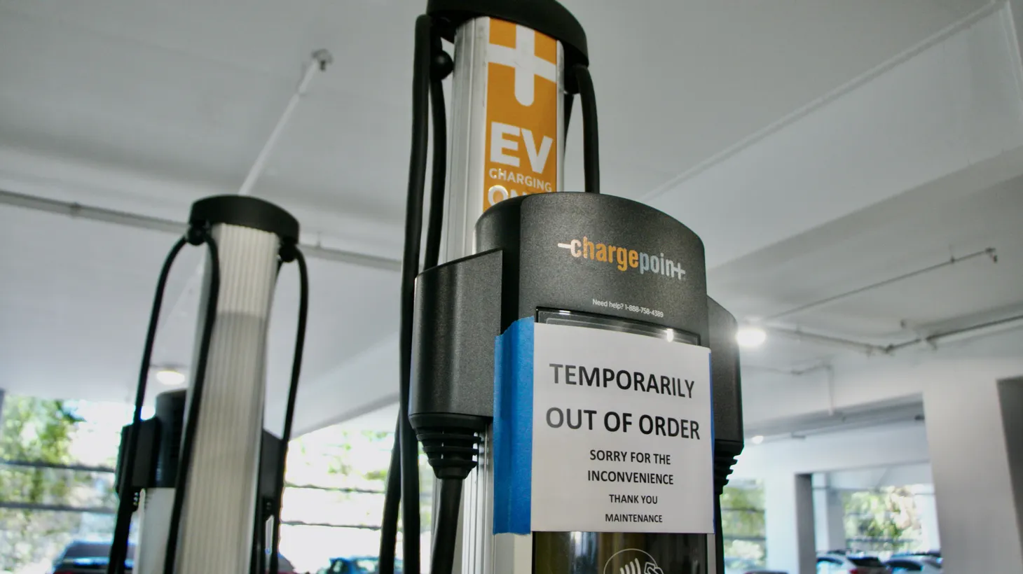 An electric vehicle charging station is out-of-order in a North Hollywood parking garage. The need for efficient repair solutions is expected to grow as more drivers go electric.