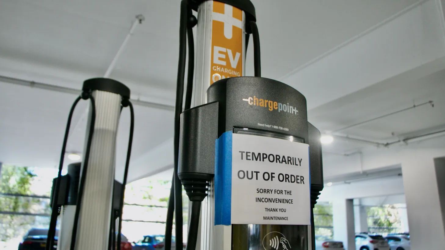 An electric vehicle charging station is out-of-order in a North Hollywood parking garage. The need for efficient repair solutions is expected to grow as more drivers go electric.