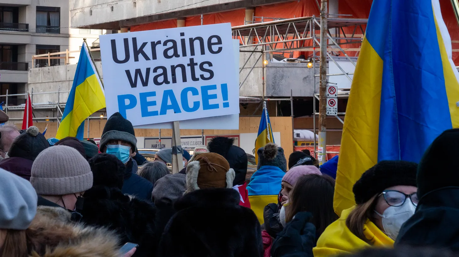 Protestors with placards and Ukrainian flags outside the Russian Consulate demonstrate against the Russian aggression in Ukraine and Russia's intervention in Crimea.