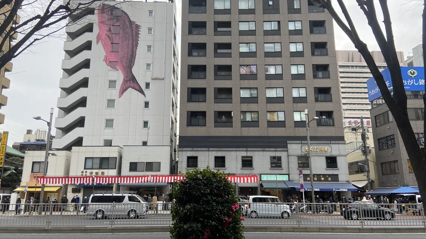 A kinmidae mural is painted on the side of a building outside Tokyo’s famed Tsujiki Market.