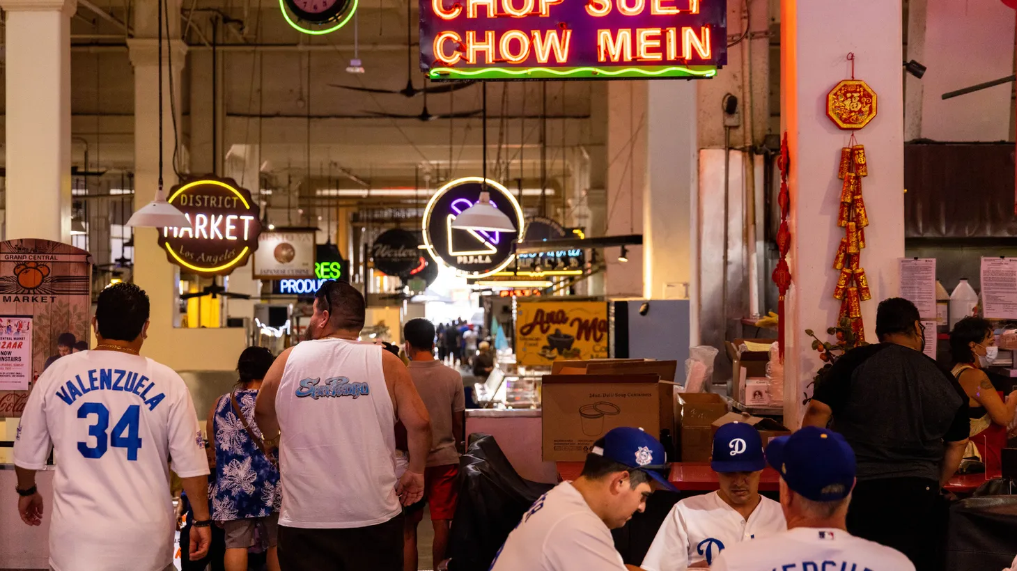 Dodgers fans dine at Grand Central Market on June 15, 2021 in Los Angeles, CA.