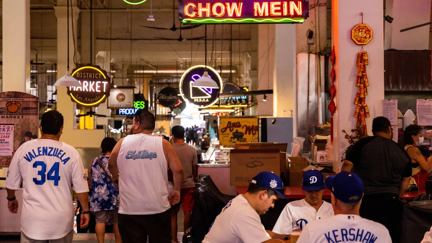 Dodgers fans dine at Grand Central Market on June 15, 2021 in Los Angeles, CA.