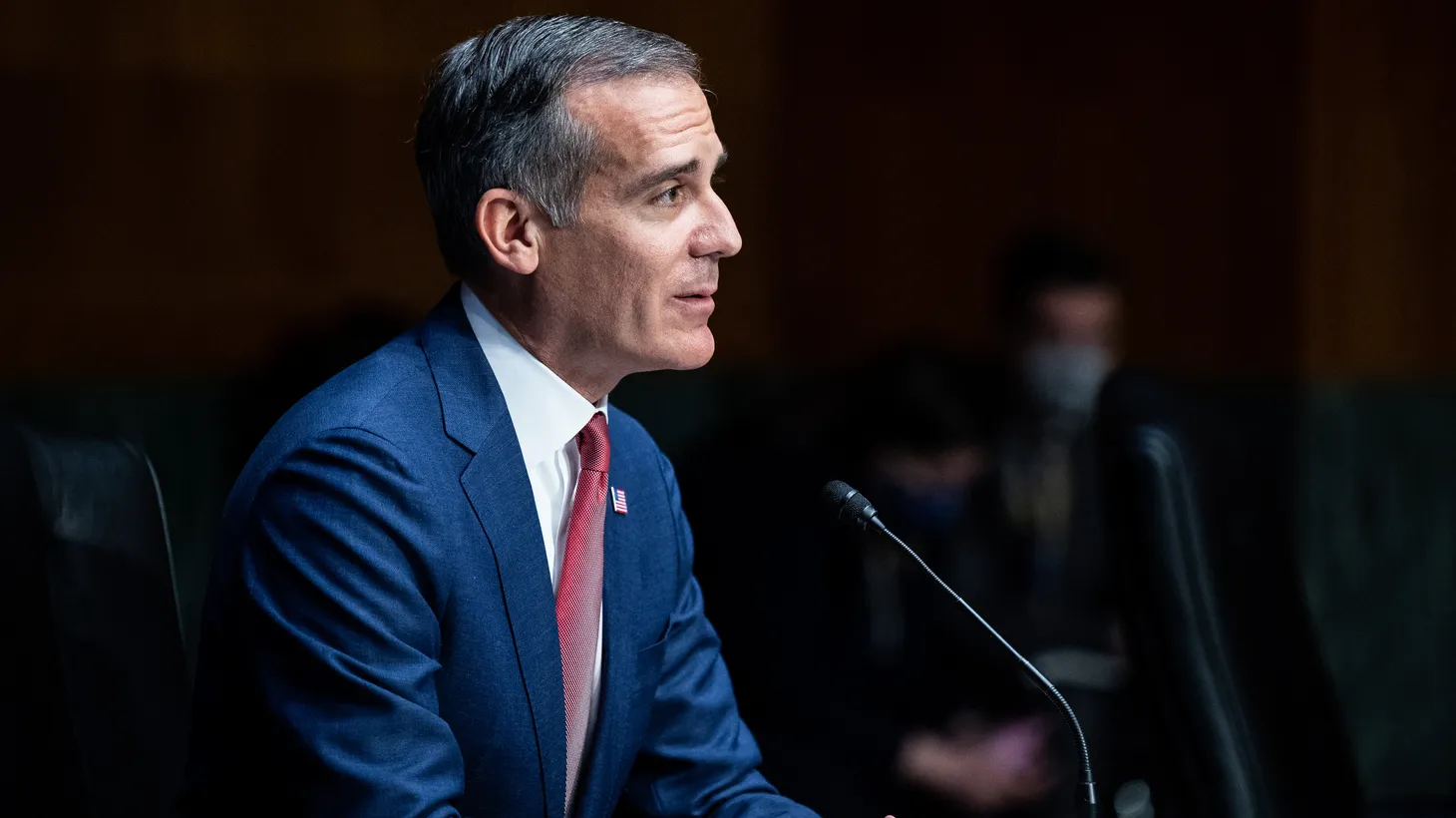 Eric Garcetti, nominee to be ambassador to the Republic of India, speaks at a hearing of the Senate Foreign Relations Committee, December 14, 2021, Washington, DC.
