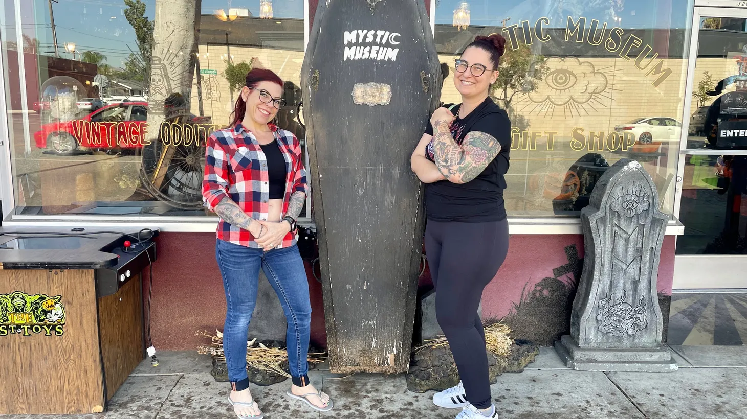 Elizabeth Williams (left) and Shelby Brown came to Burbank to do their spooky shopping at the Mystic Museum, a horror and oddities shop.