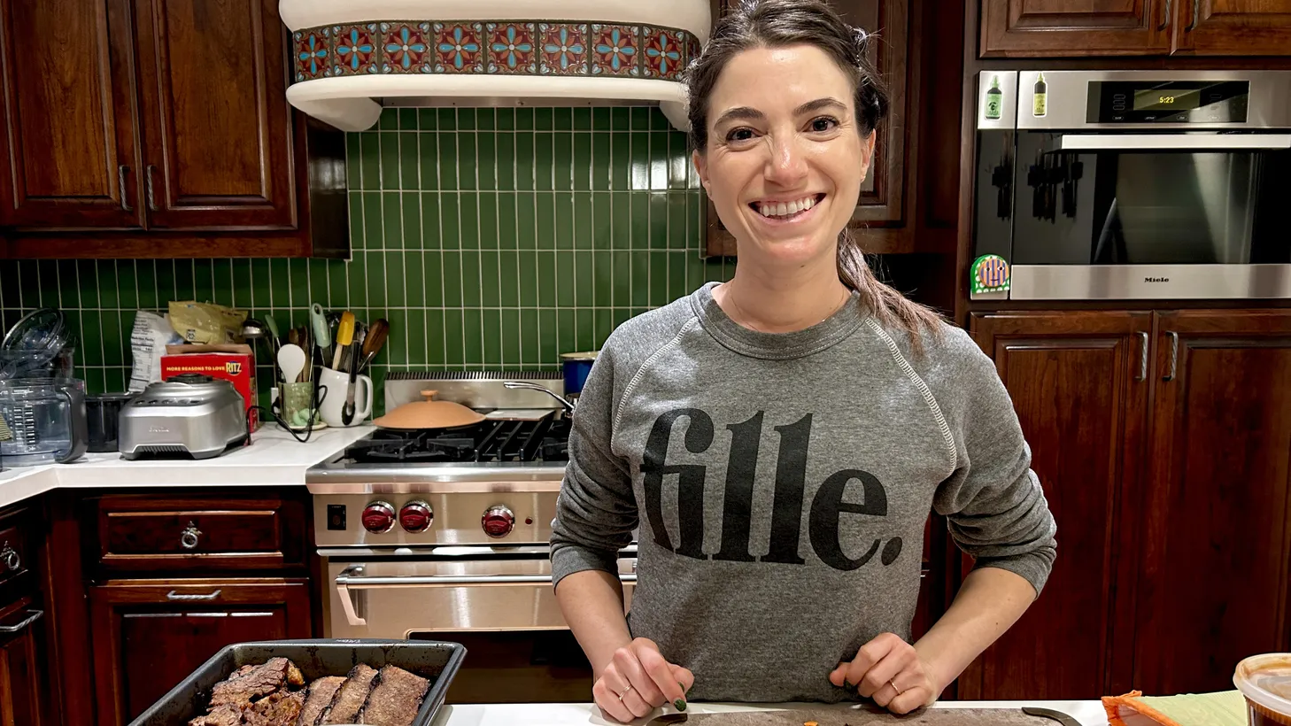 In her West LA kitchen, Natasha Feldman is testing recipes for her Hanukkah pop-up: Festivus: A Hanukkah BBQ.