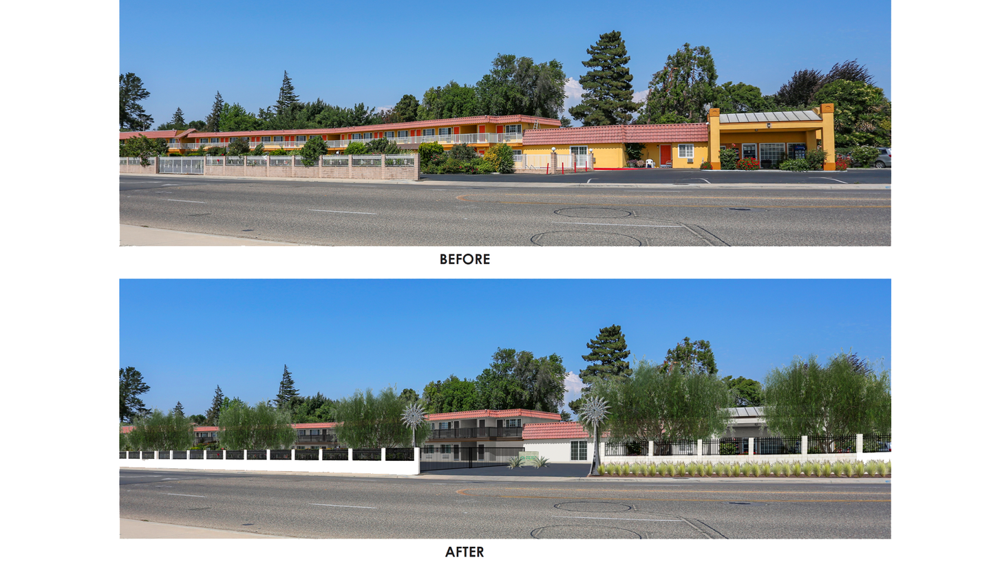 In King City, in Monterey County, Shangri-La Industries received $12.2 million in Homekey funds in mid-2022 to turn an approximately 45-unit motel (top image) into housing. The bottom image is a rendering of the proposed final conversion. However, the project remains unfinished and is more than a year past its target opening date.