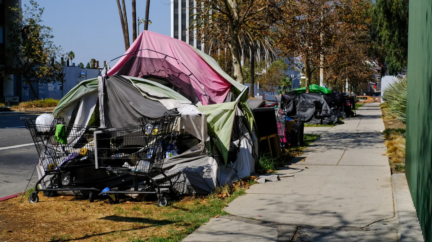Homeless encampments line Wilshire Blvd. in Mid City, Los Angeles.