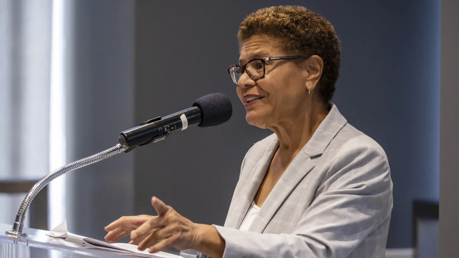 Mayor Karen Bass speaks at a Move LA event in downtown Los Angeles, September 18, 2023.