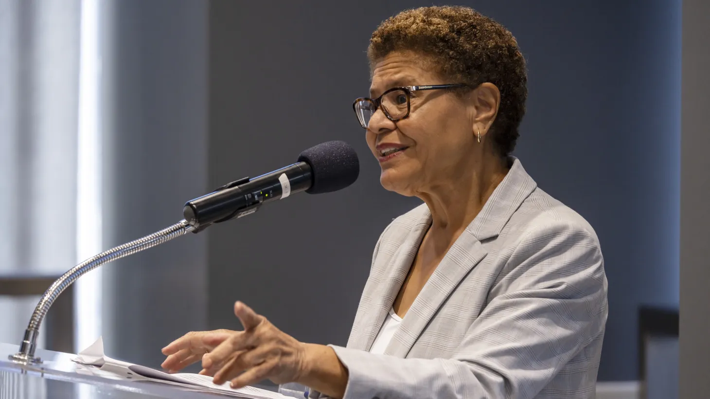 Mayor Karen Bass speaks at a Move LA event in downtown Los Angeles, September 18, 2023.