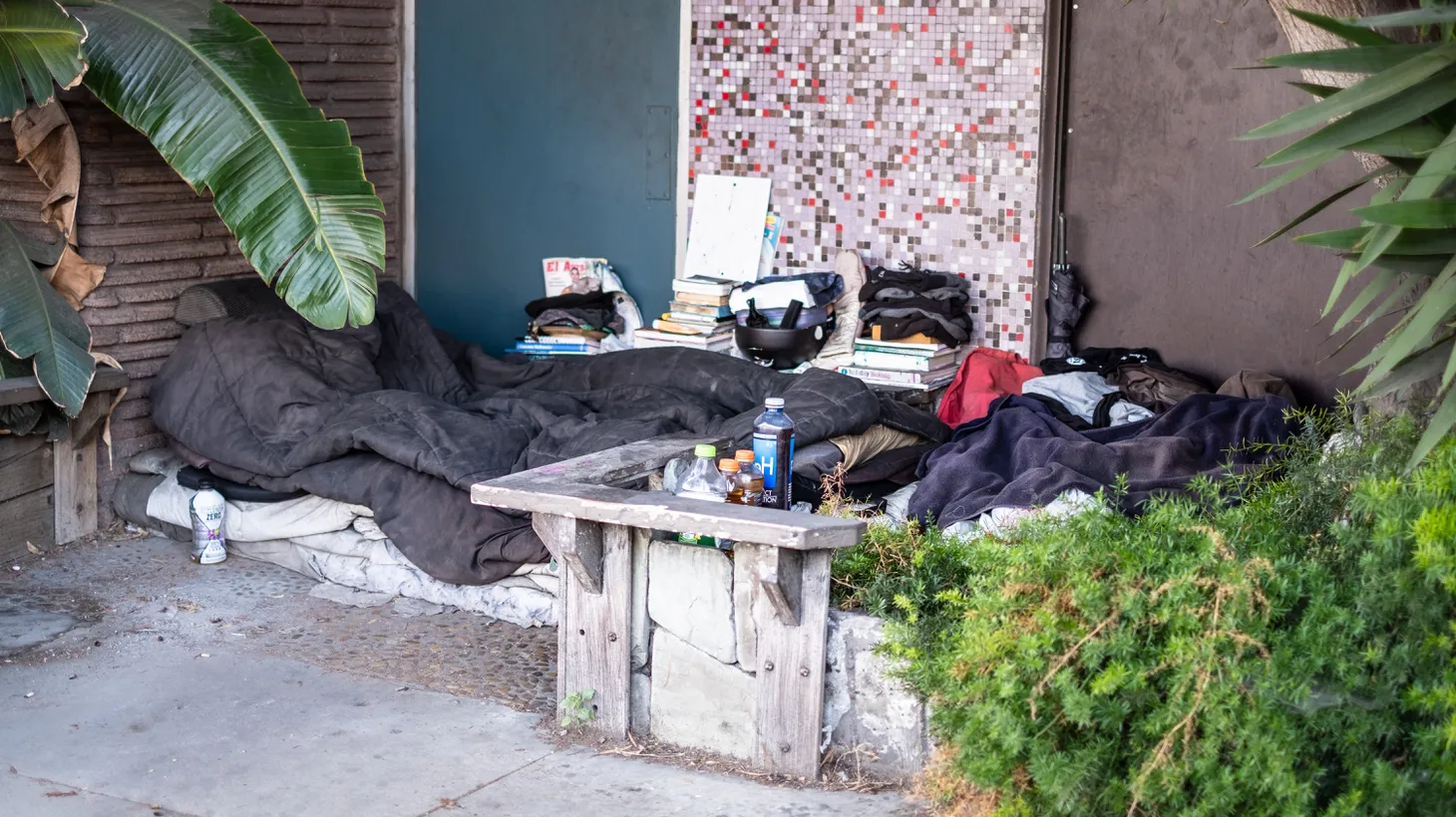A unhoused person’s possessions are seen on Venice Blvd. in Culver City, CA. Governor Gavin Newsom says his “CARE Court” plan would help certain people get off the streets and obtain the mental health care they need.