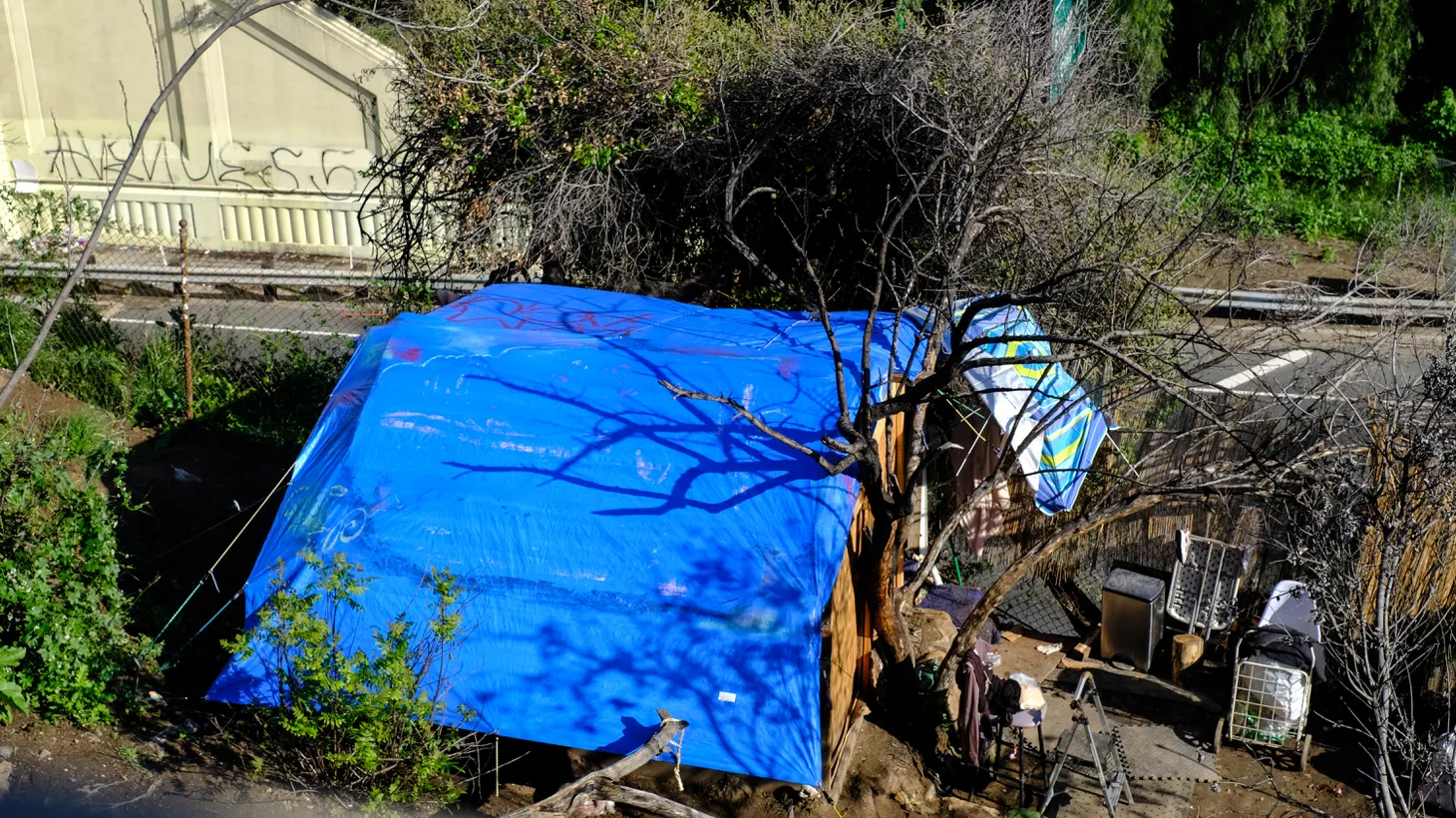 A homeless encampment is seen in Elysian Park, Los Angeles.