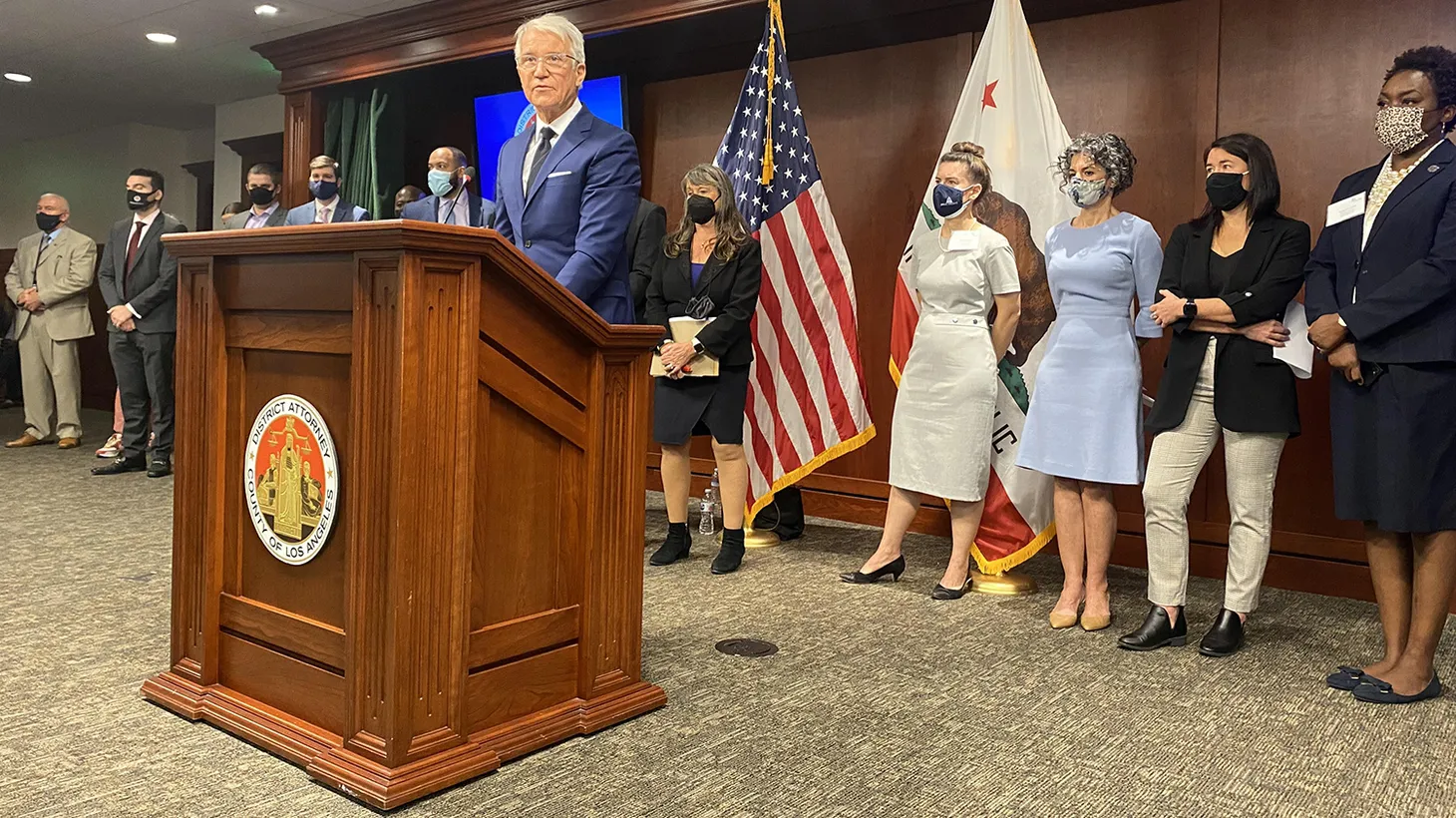 With other progressive district attorneys from across the country behind him, Los Angeles County District Attorney George Gascón holds a press conference to mark his first year in office. He used the occasion to respond to critics and to promise supporters that he would continue with his criminal justice reforms.