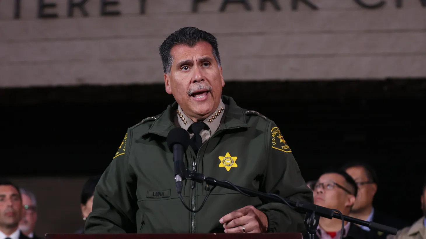 Los Angeles County Sheriff Robert Luna briefs the media outside the Civic Center in Monterey Park, Calif., Sunday, Jan. 22, 2023. At least 10 people were killed and 10 others wounded in a shooting rampage at the Star Ballroom Dance Studio after a Lunar New Year celebration on Saturday, Jan. 21, 2023.