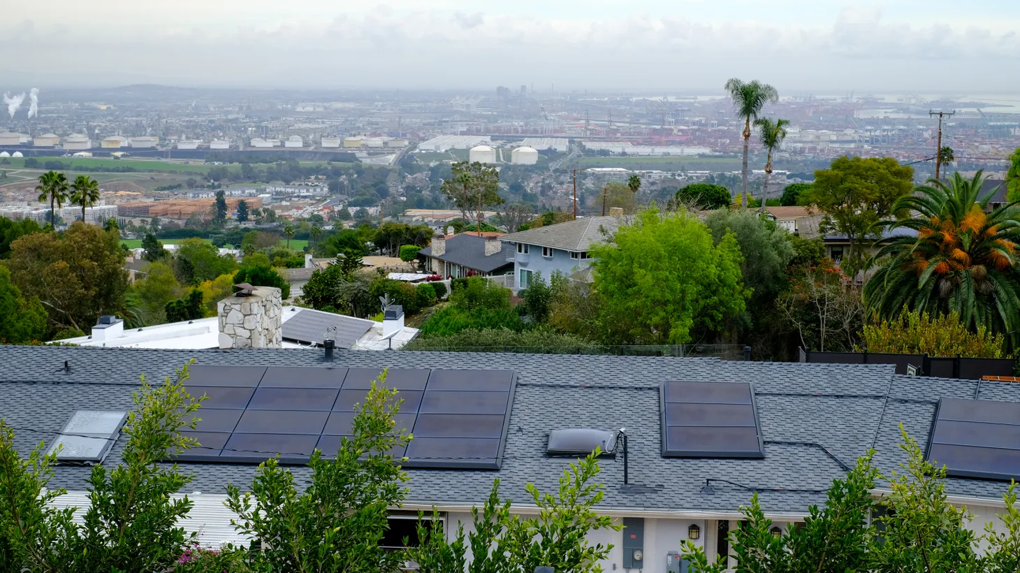 Solar panels are installed on the roof of a home in Palos Verdes, California.