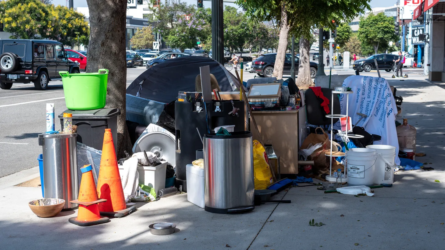 A homeless encampment is seen in Westwood, California.