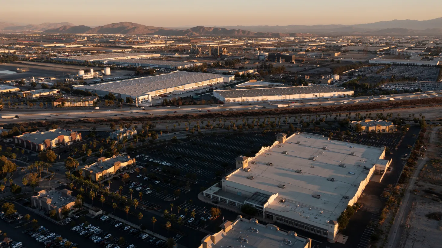 An aerial view shows the industrial core of downtown Rancho Cucamonga, San Bernardino County, California.