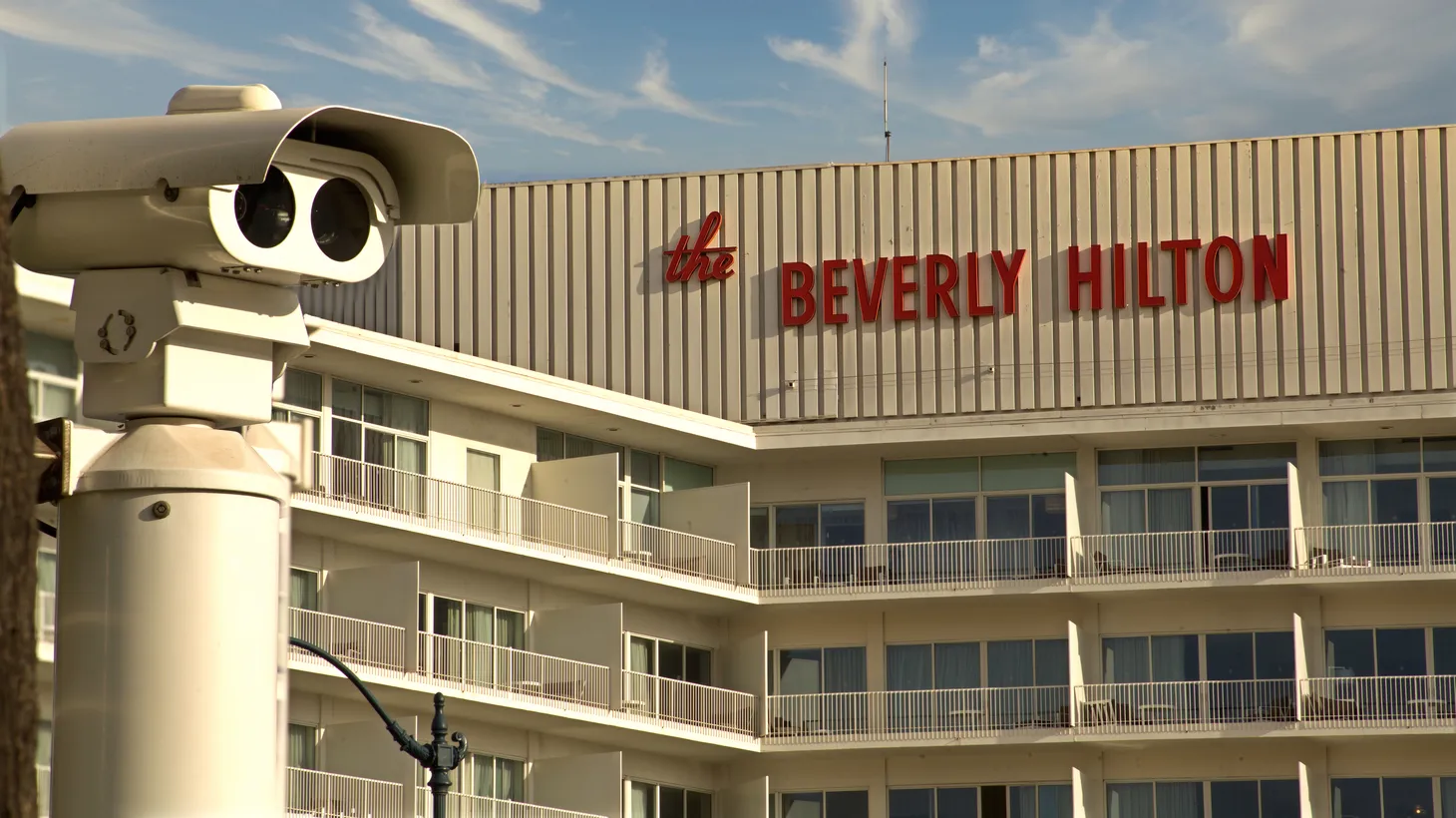 A camera is located next to the Beverly Hilton Hotel in Beverly Hills, California.