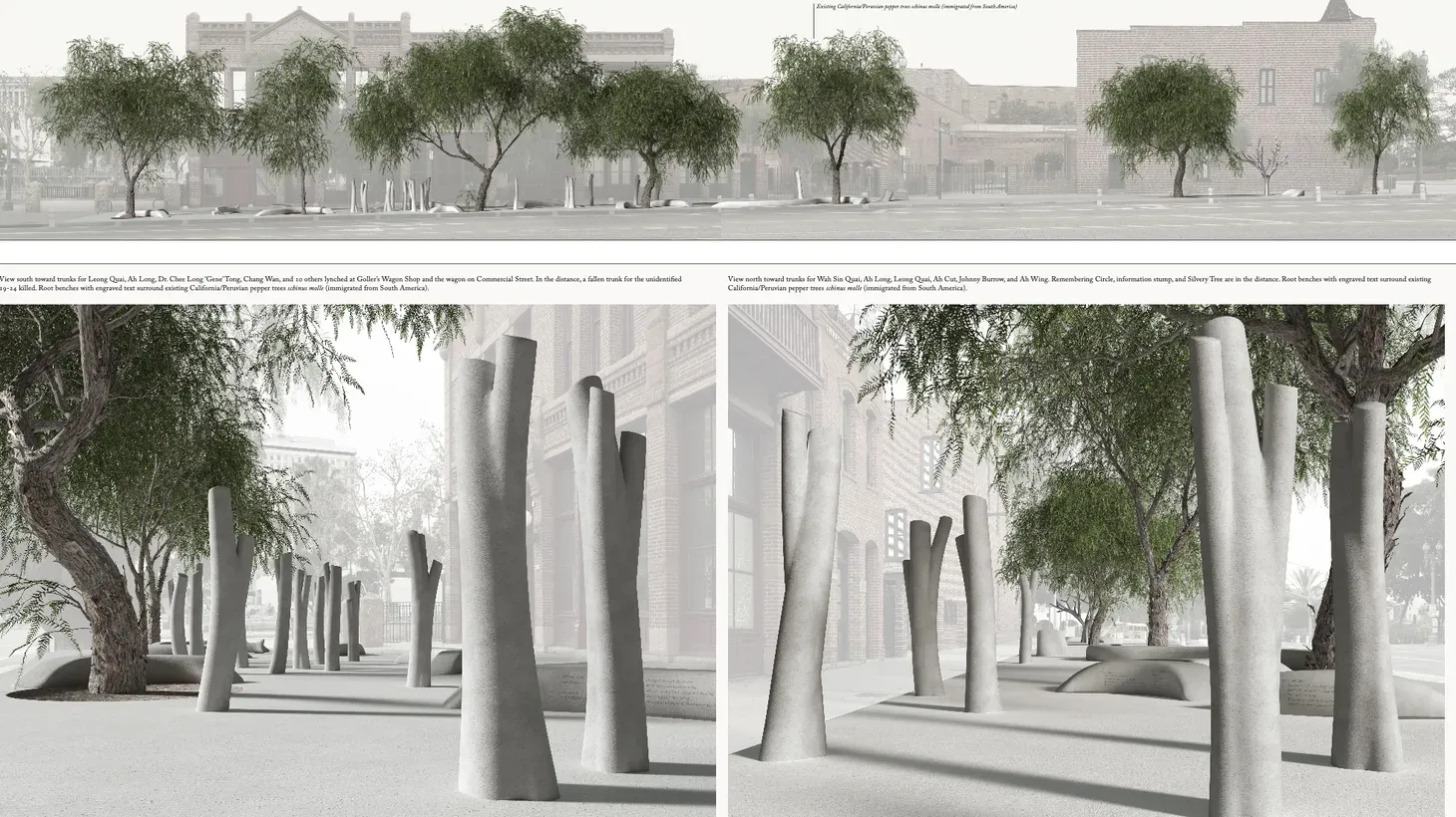 Artists Sze Tsung Nicolás Leong and Judy Chui-Hua Chung won a competition to design a memorial to victims of the 1871 anti-Chinese massacre in downtown Los Angeles. Their design is inspired by the banyan trees native to the region in China, where many 19th century Chinese Angelenos were born.
