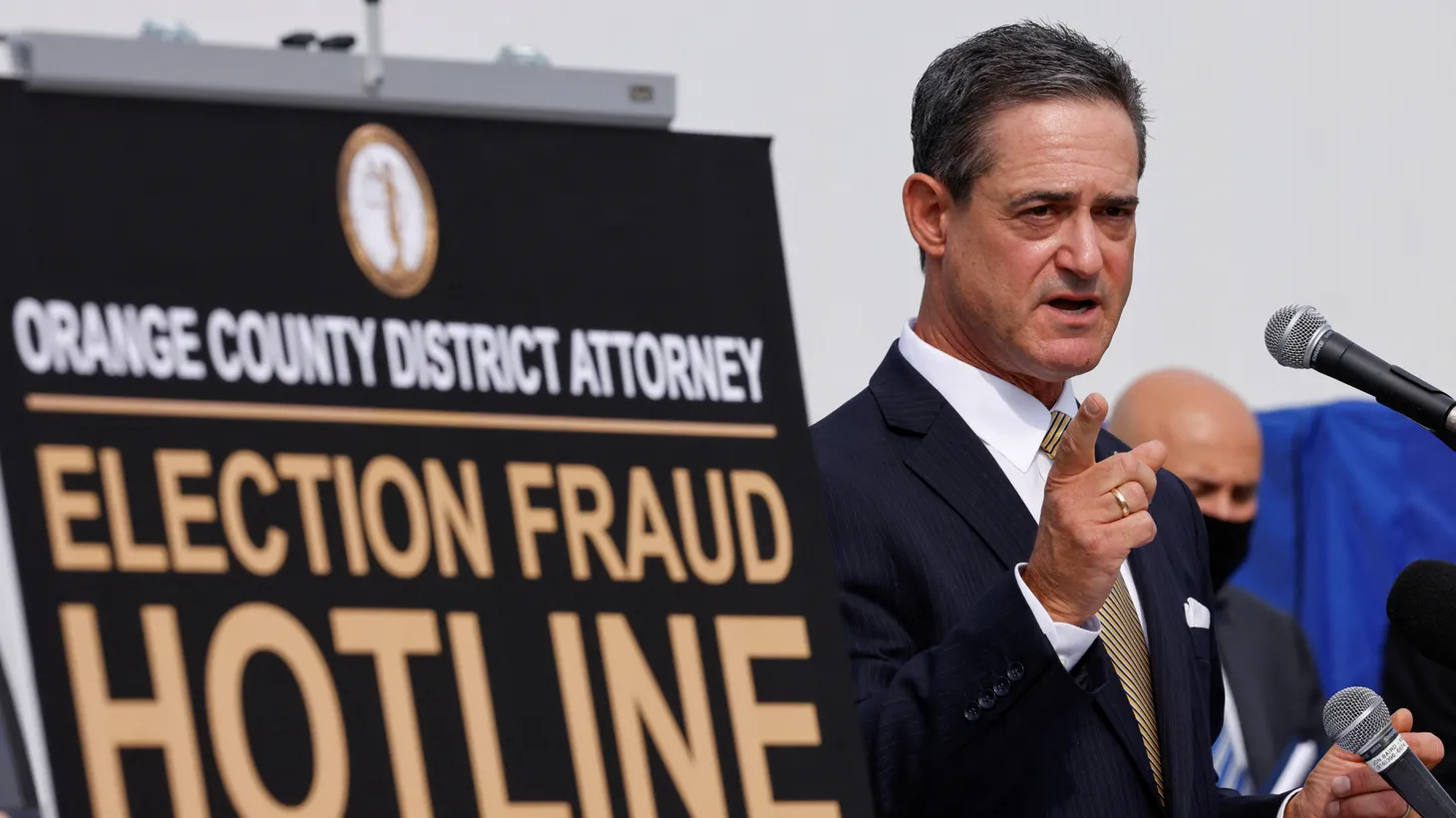 Orange County District Attorney Todd Spitzer speaks on election fraud at the Orange County Registrar of Voters in Santa Ana, California, U.S., October, 5, 2020.