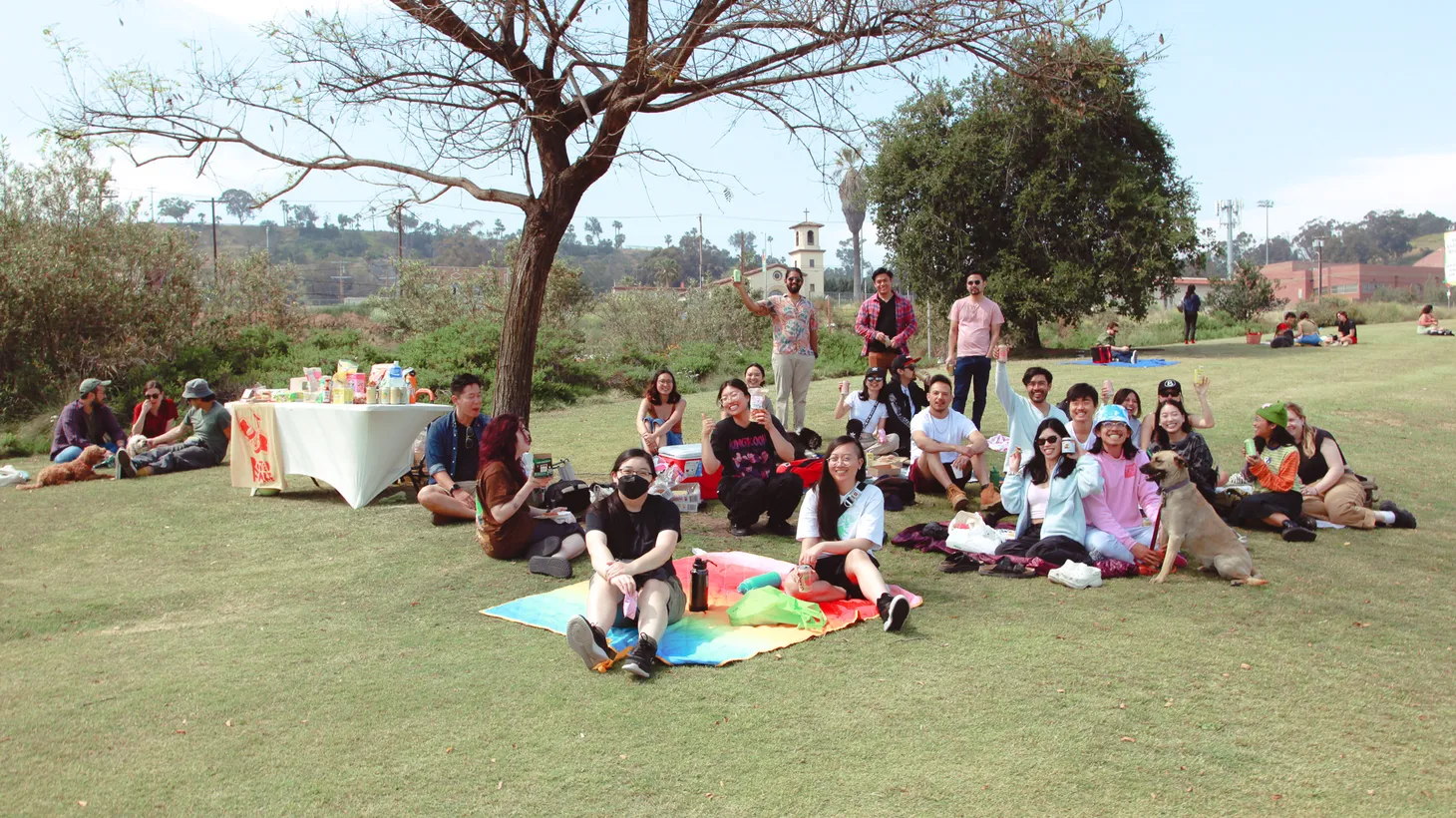 Outdoor Asian LA gathers for a picnic at LA State Historic Park.