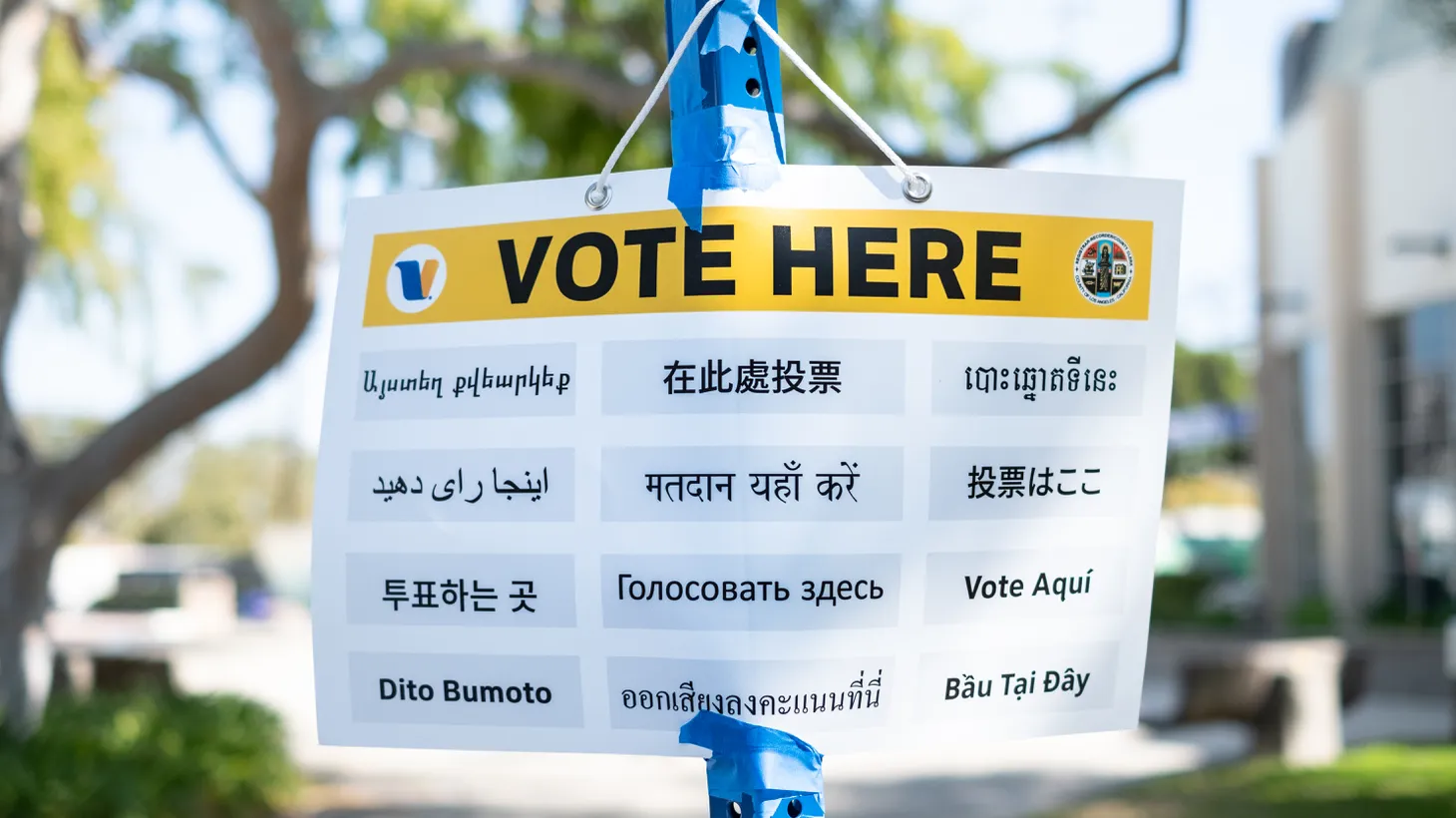 A “vote here” sign in Culver City is displayed in multiple languages. For this June’s primary election, Angelenos can vote early at several locations across the county.