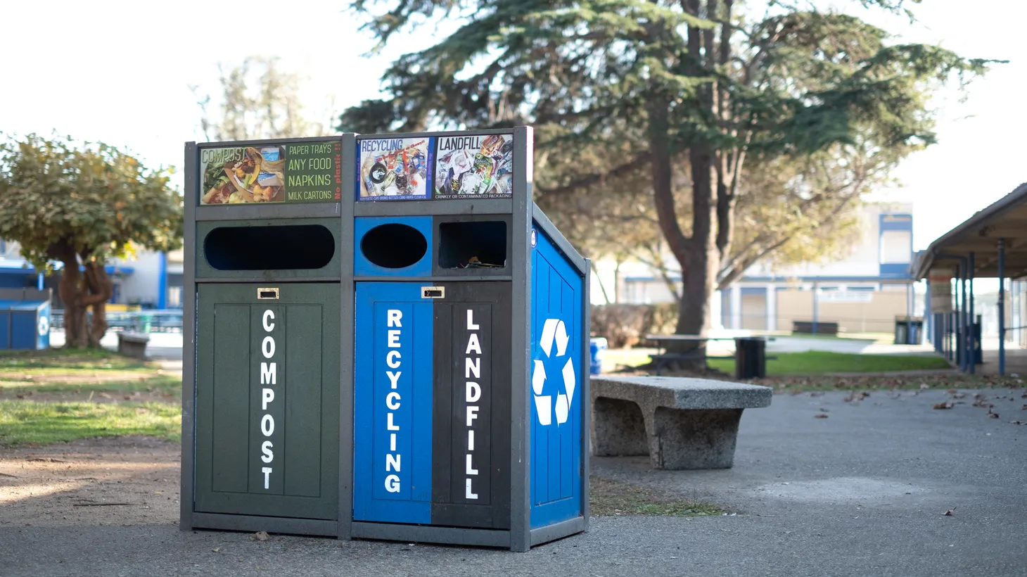 A large container separating recyclables, compost materials, and trash sits on the campus of Culver City High School. California recycles or composts 40% of its total waste – a long way from the state’s goal of 75%.