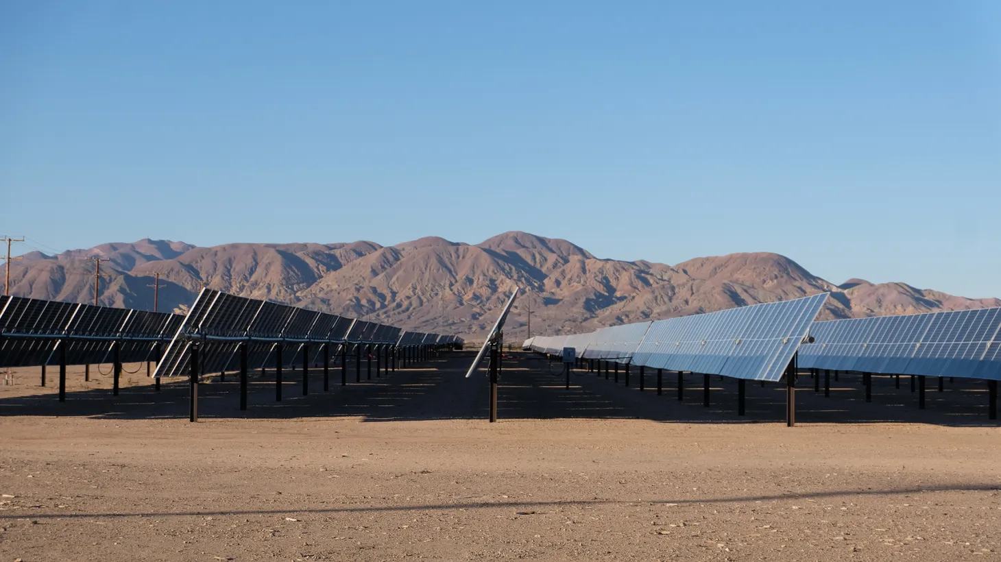 Finished solar panel modules are seen at a partially completed utility-scale solar facility in Daggett, CA.