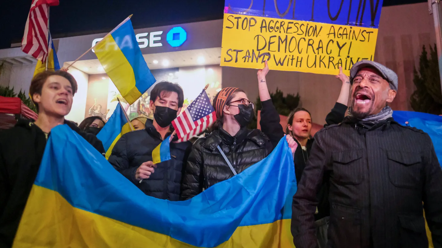 People demonstrate against Russia after it launched a massive military operation against Ukraine, in Los Angeles, California, U.S., February 24, 2022.