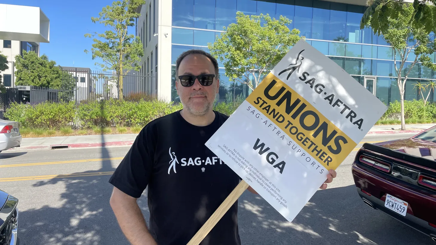Chris Paseka attends WGA picket lines about twice a week in solidarity. He is a character actor and member of SAG-AFTRA.