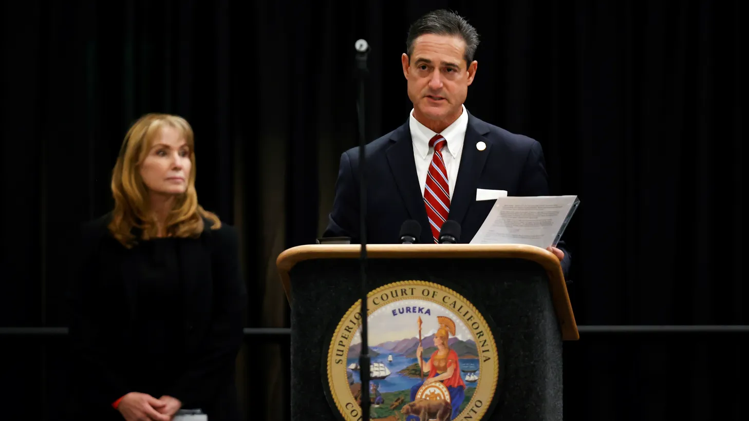Orange County District Attorney Todd Spitzer speaks during a hearing against former police officer Joseph James DeAngelo Jr. on crimes attributed to the Golden State Killer, at the Sacramento County courtroom, in Sacramento, California, U.S., June 29, 2020.