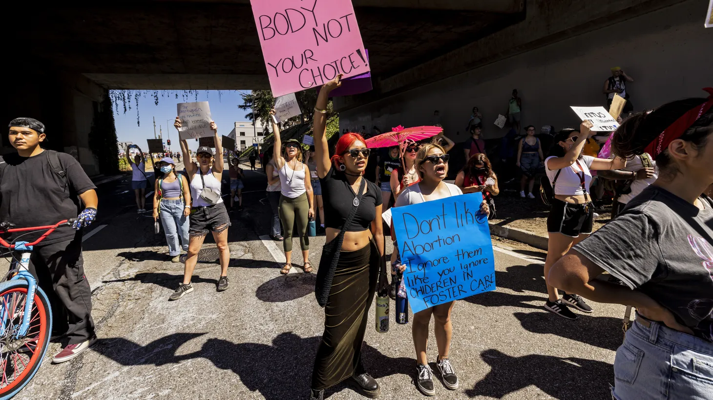 Abortion advocates marched around LA City Hall and took over a local downtown freeway to protest the Supreme Court’s decision to overturn Roe v. Wade, June 25, 2022.