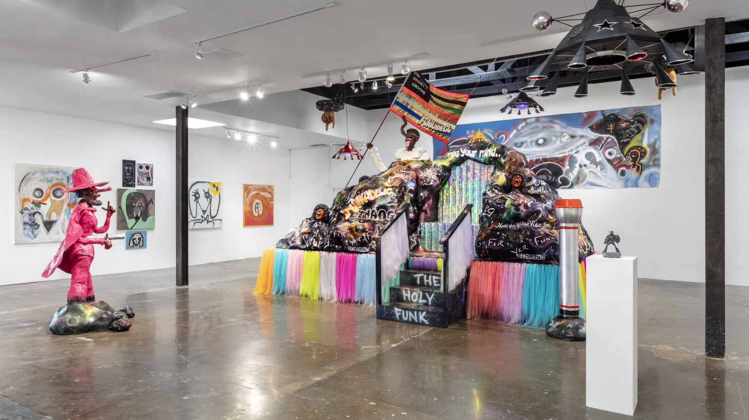 George Clinton’s The Rhythm of Vision incorporates Afrofuturism, theatrical flourishes, and canine motifs as a nod to his famous song Atomic Dog. Courtesy of Jeffrey Deitch, Los Angeles.