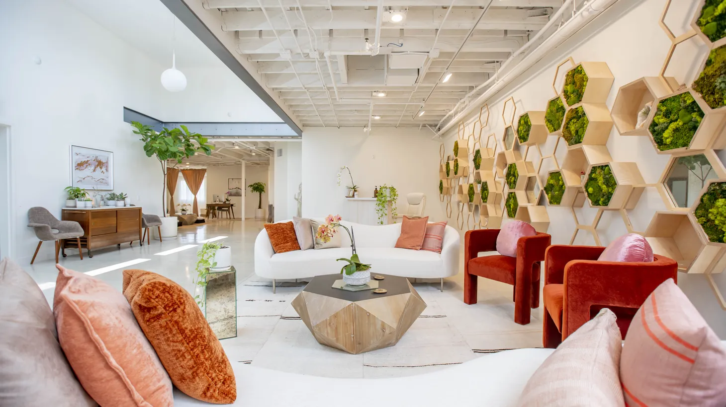 The reception area at Field Trip Health in Santa Monica is decorated with a geometric theme inspired by the symbols and shapes repeated in nature. The company operates a dozen clinics offering psychedelic-assisted therapy across the U.S., Canada and Europe.