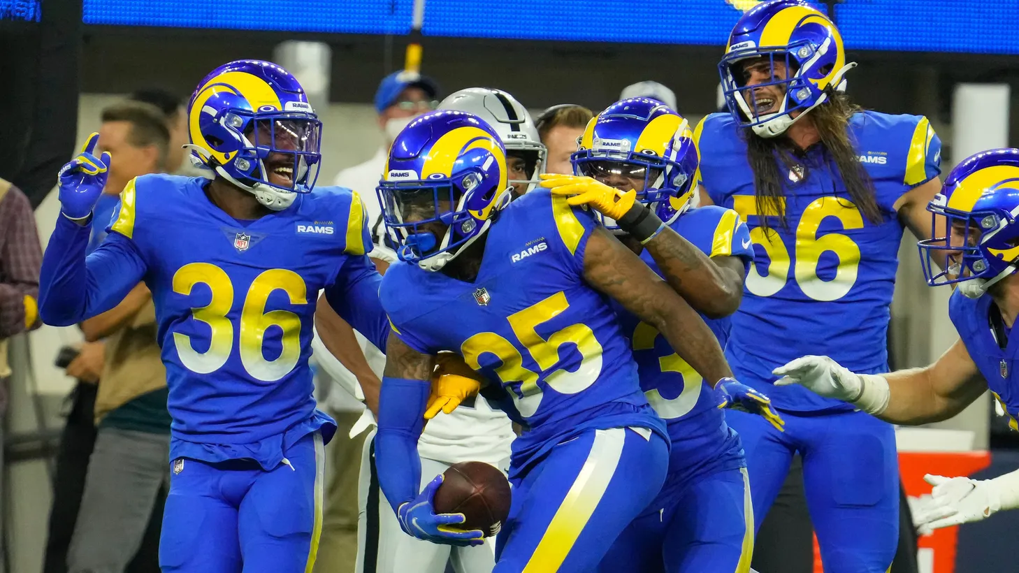 Los Angeles Rams defensive back Brontae Harris (35) celebrates after intercepting a pass against the Las Vegas Raiders in the fourth quarter at SoFi Stadium, Aug 21, 2021.