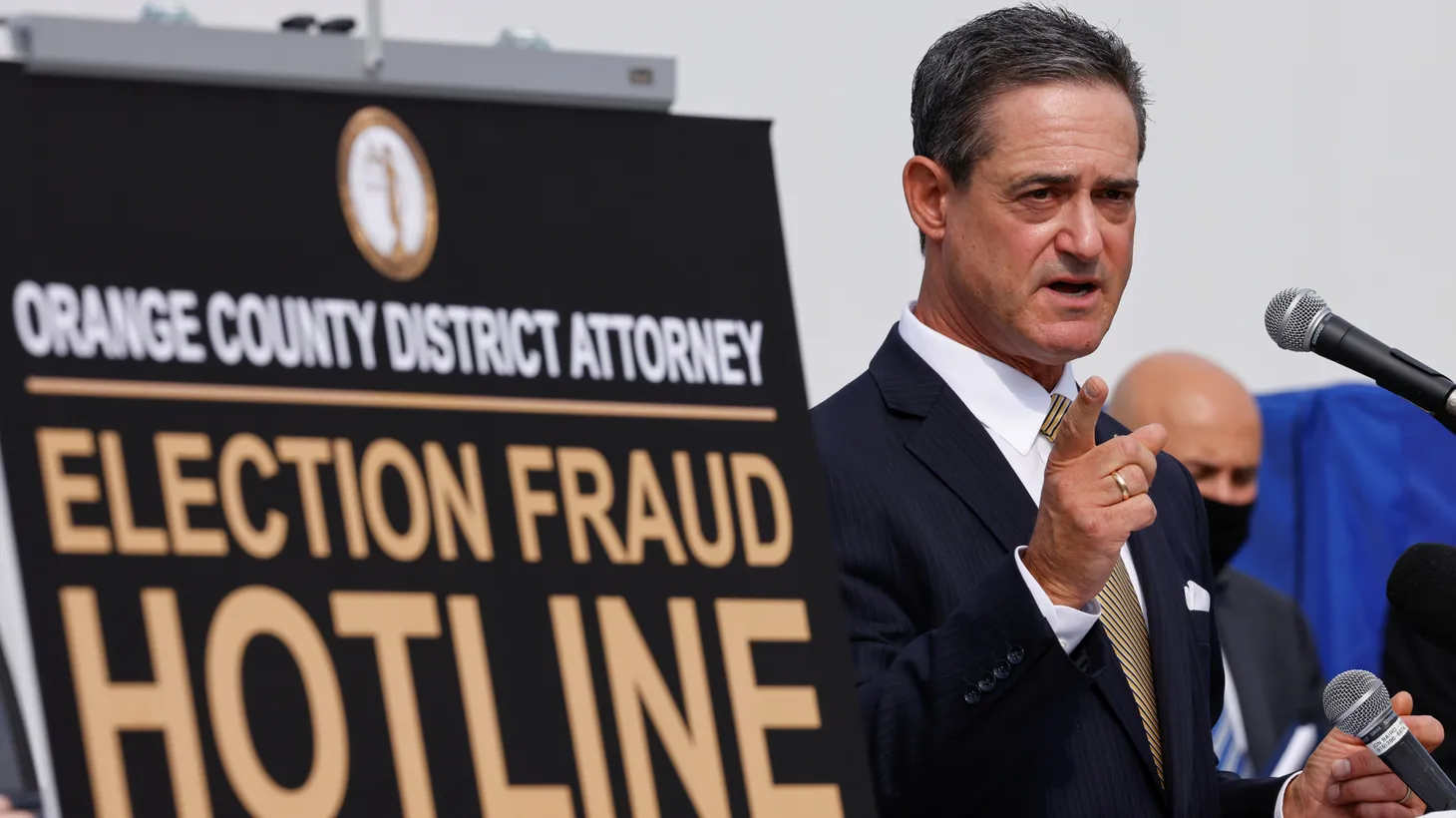 Orange County District Attorney Todd Spitzer speaks on election fraud at the Orange County Registrar of Voters on Santa Ana, California, U.S., October, 5, 2020. Spitzer is now running for reelection, facing challenger Pete Hardin.