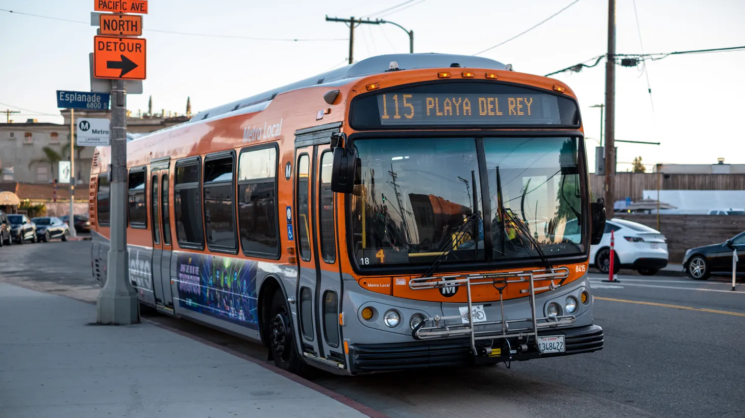 A Metro bus is parked in Playa Del Rey. The agency is expanding its rail and bus services to provide alternatives to personal vehicle usage in Southern California.