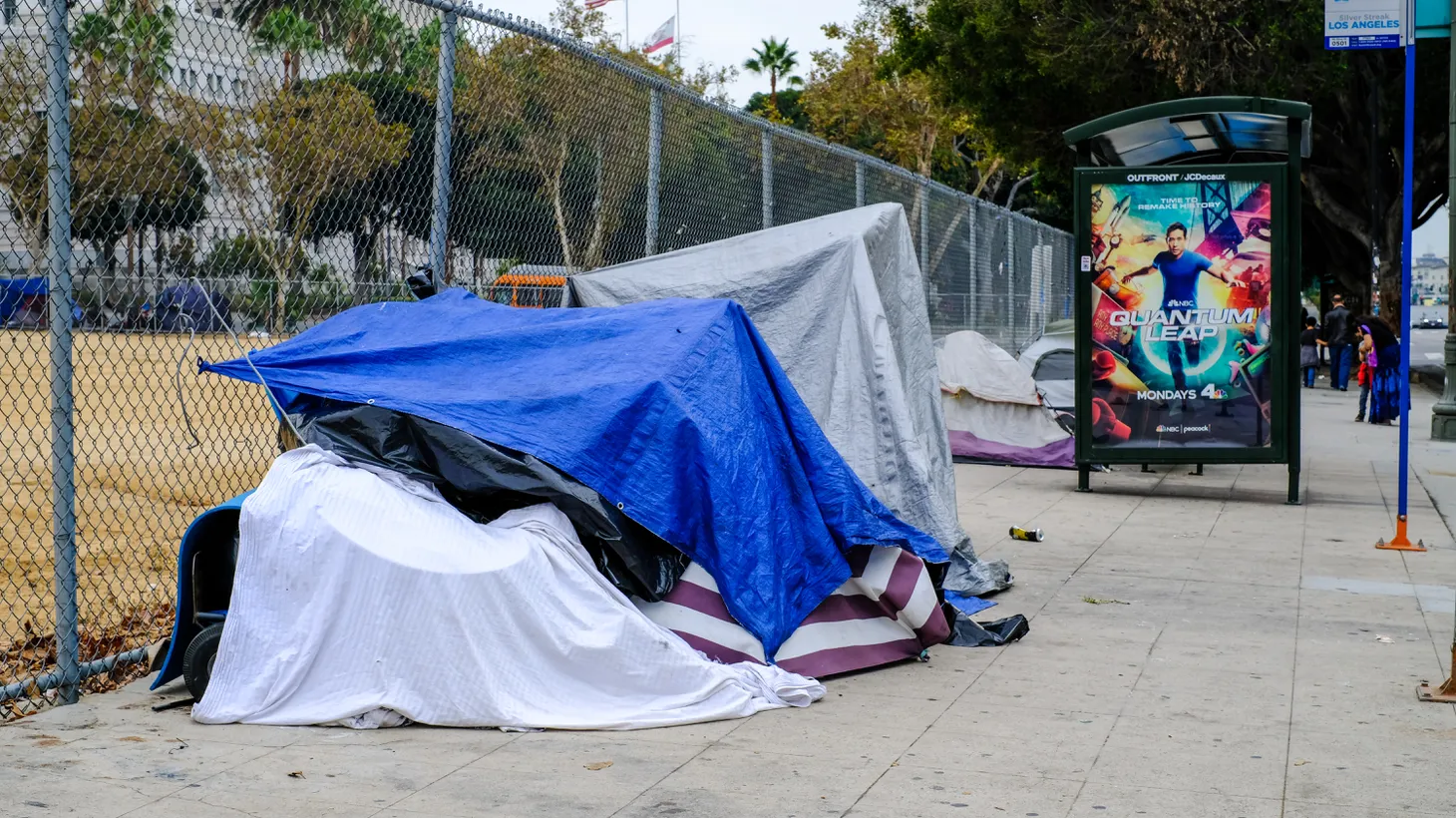 Homeless encampments line a sidewalk near LA City Hall in downtown, October 14, 2022. “People in the city and the county have essentially over these years worked to address and reduce the problem, but not with the fortitude of ‘this has got to end,’” Karen Bass says of the homelessness crisis.
