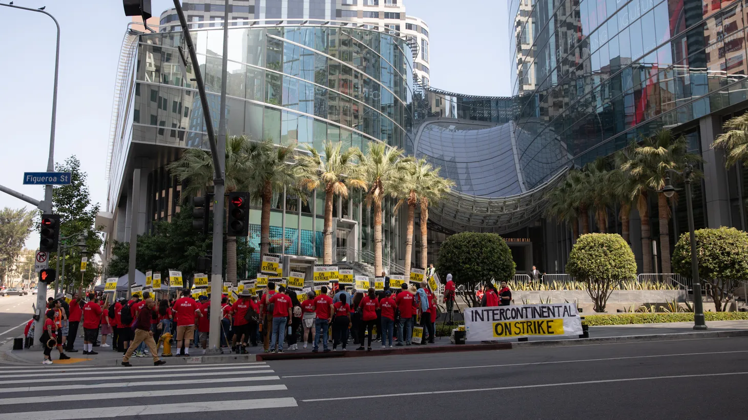 Hundreds of hotel workers picketed outside the InterContinental hotel in downtown Los Angeles, one of dozens of hotels that went on strike, July 2, 2023.
