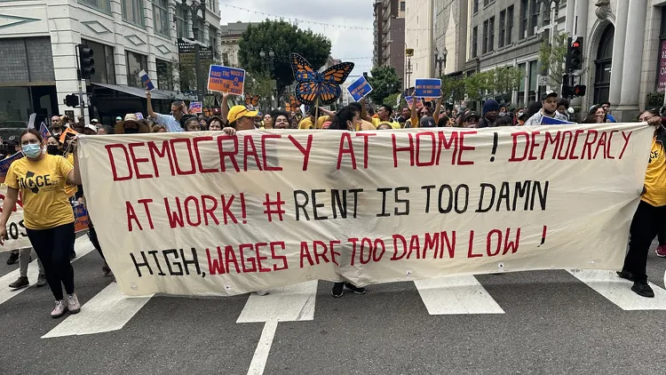 This past weekend, tenant advocates, labor unions, workers, and renters marched in Downtown LA to demand good wages, better employee benefits, and housing security.