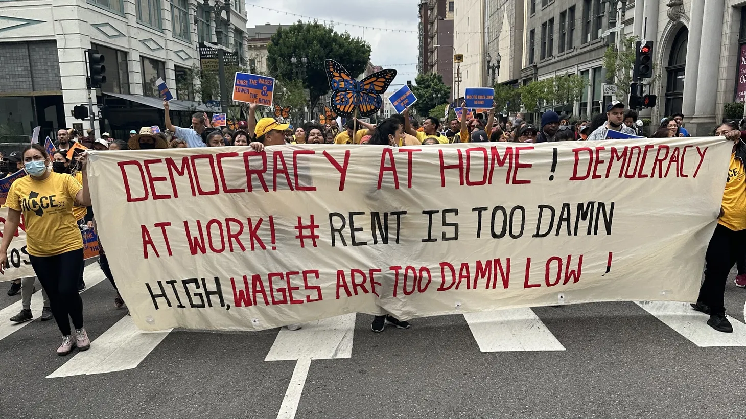 Tenants, labor unions, and allies marched in Downtown LA on Sept. 30 to protest high rents and low wages. Photo courtesy of Estuardo Mazariegos, Sylvia Moore, and The Alliance of Californians for Community Empowerment.