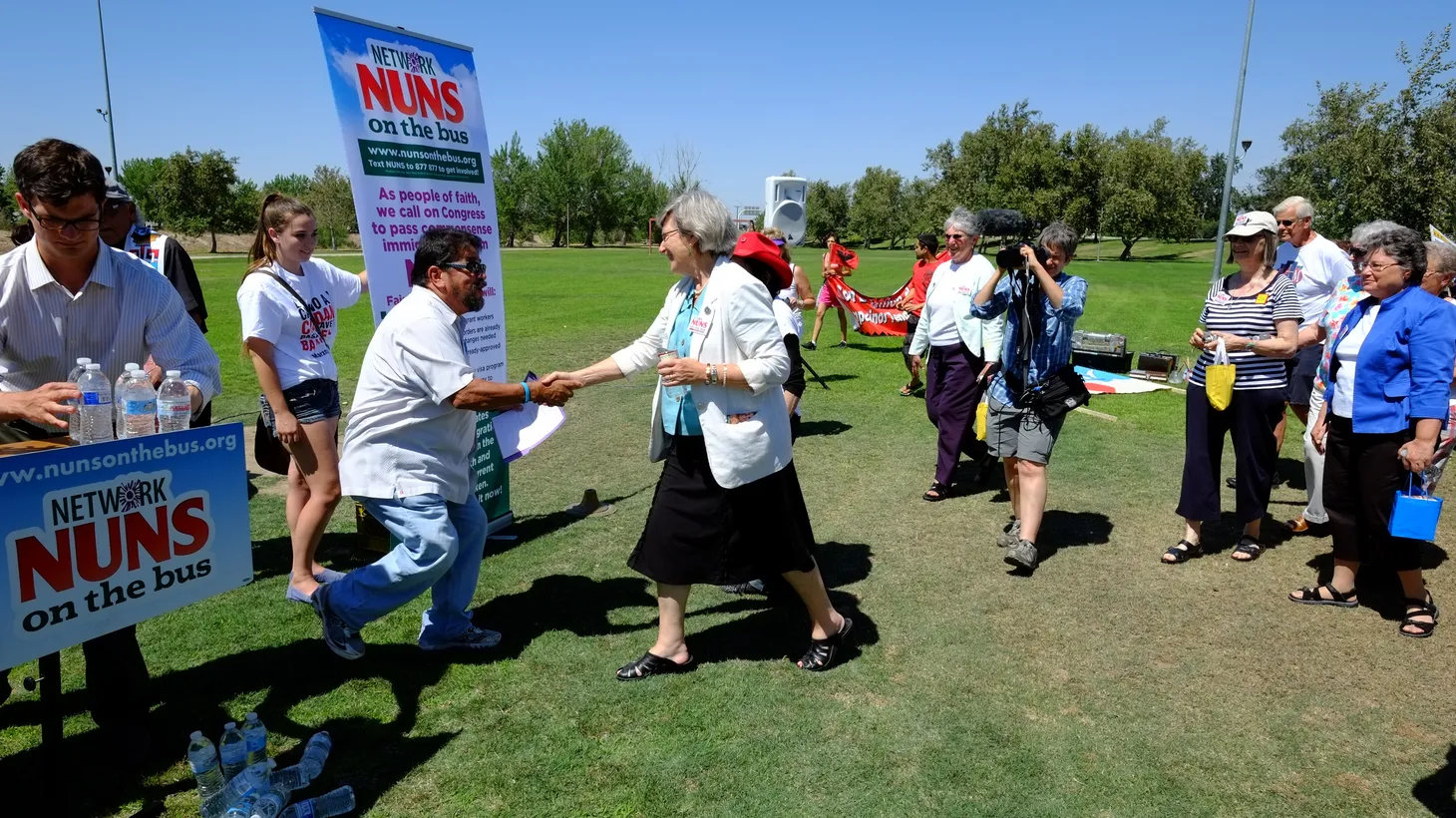 Sister Simone Campbell prepares for a march in support of a new immigration law in Bakersfield, CA. June 15, 2013.
